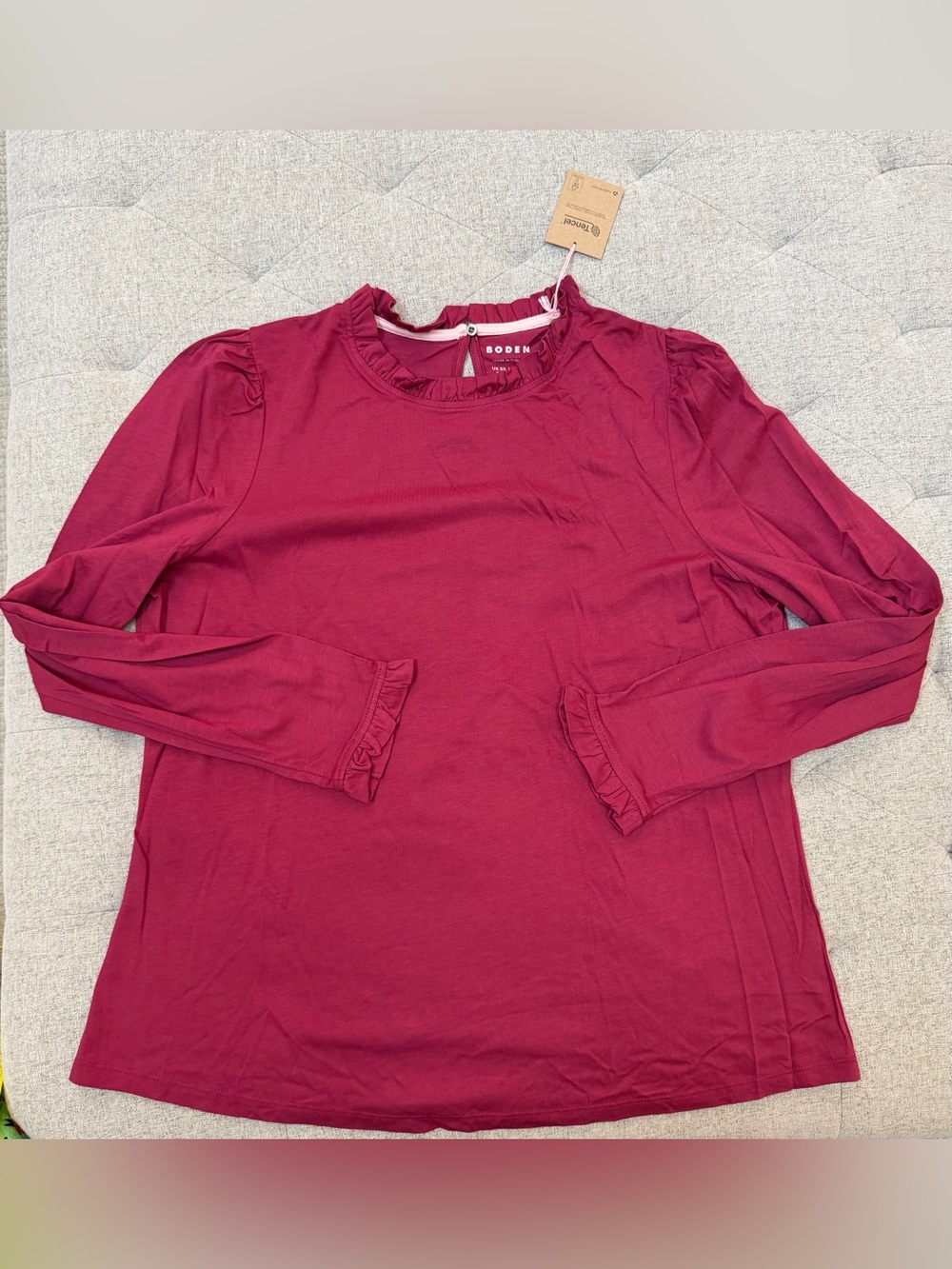 NWT BODEN RUFFLE NECK LONG SLEEVE TEE SHIRT SIZE 16-18 burgundy wine